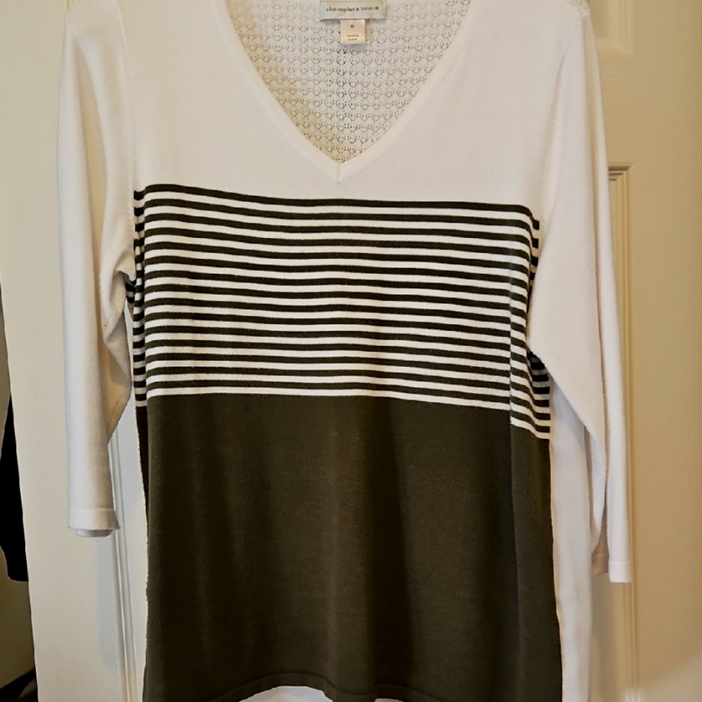 Christopher & Banks White and Olive Striped V-Neck Blouse